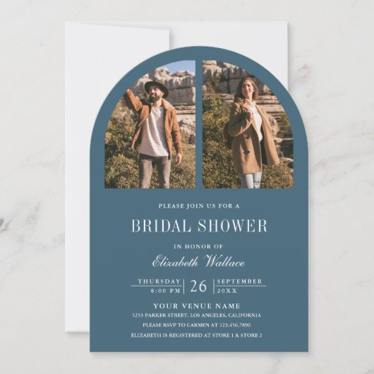 Dusty Blue Arch Photo QR Code Bridal Shower 招待状 (正面)