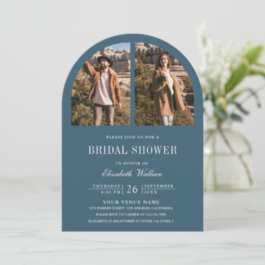 Dusty Blue Arch Photo QR Code Bridal Shower 招待状 (スタンド正面)