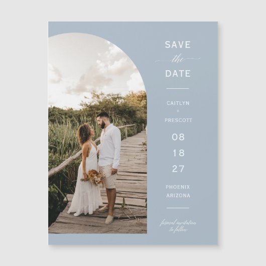 Dusty Blue Arch Photo Save the Date Magnetic Card (正面)