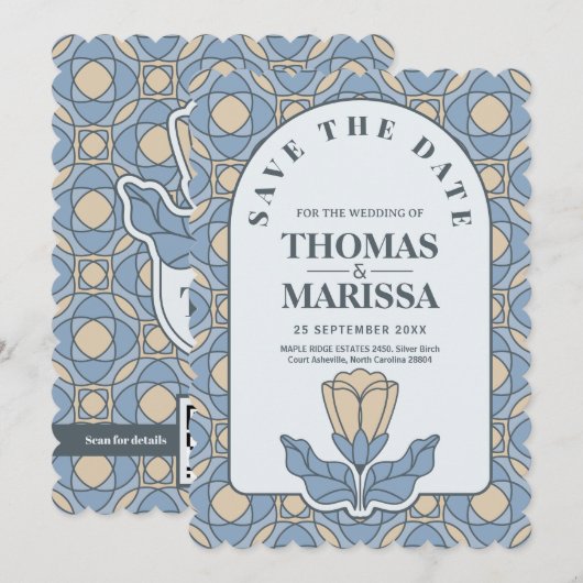 Dusty Blue Art Nouveau Save the Date QR Code (正面/裏面)