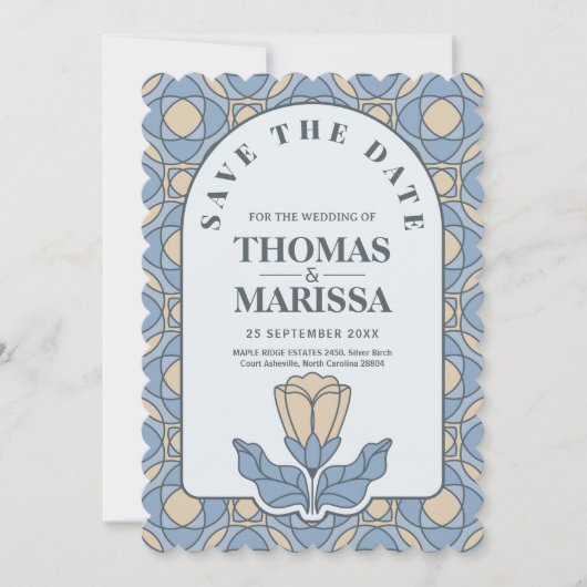 Dusty Blue Art Nouveau Save the Date QR Code (正面)