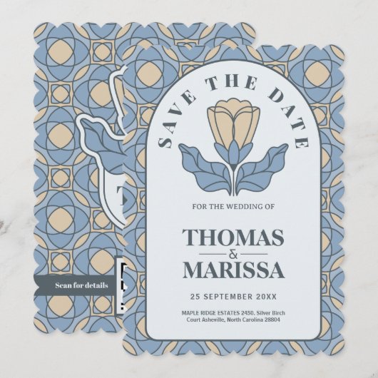 Dusty Blue Art Nouveau Save the Date QR Code (正面/裏面)