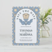 Dusty Blue Art Nouveau Save the Date QR Code (スタンド正面)