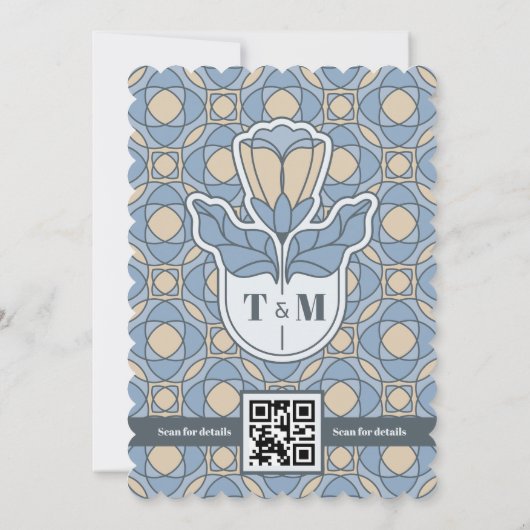 Dusty Blue Art Nouveau Wedding Invite with QR Code 招待状 (裏面)