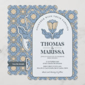 Dusty Blue Art Nouveau Wedding Invite with QR Code 招待状 (正面/裏面)