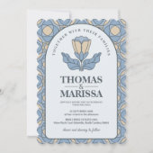 Dusty Blue Art Nouveau Wedding Invite with QR Code 招待状 (正面)