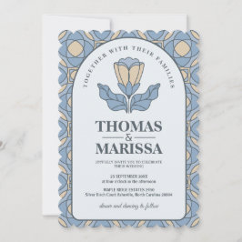 Dusty Blue Art Nouveau Wedding Invite with QR Code 招待状