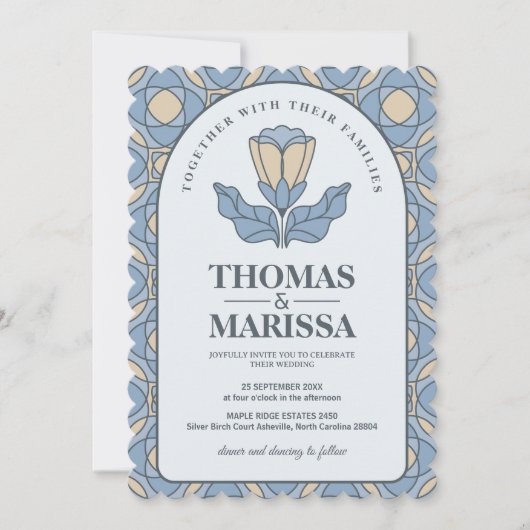 Dusty Blue Art Nouveau Wedding Invite with QR Code 招待状 (正面)