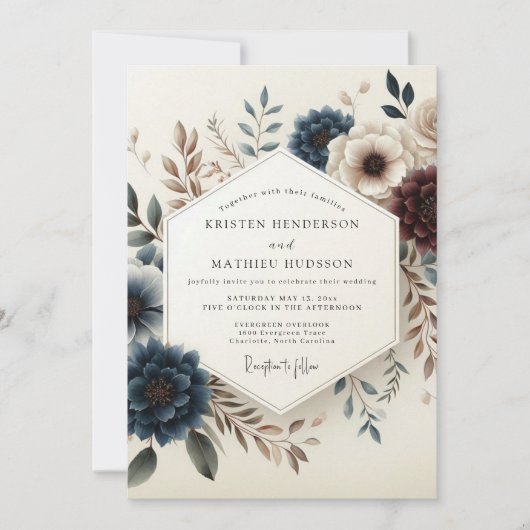 Dusty Blue Autumn Blossom Wedding 招待状 (正面)