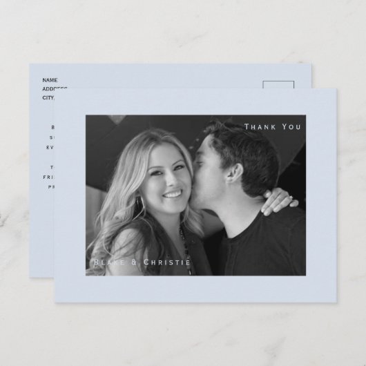 Dusty Blue B/W写真結婚の感謝はがき ポストカード (正面/裏面)