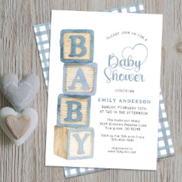 Dusty Blue Baby Blocks Baby Shower Cottage Gingham 招待状