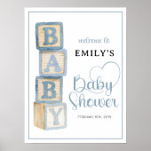Dusty Blue Baby Blocks Baby Shower Welcome Poster ポスター (正面)
