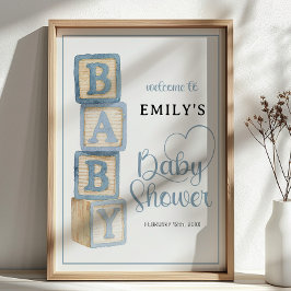 Dusty Blue Baby Blocks Baby Shower Welcome Poster ポスター