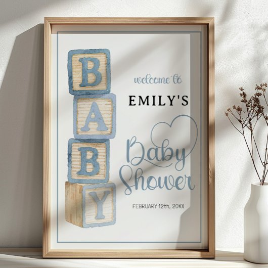 Dusty Blue Baby Blocks Baby Shower Welcome Poster ポスター
