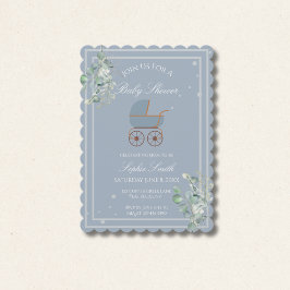 Dusty Blue Baby Carriage Baby Shower Scalloped 招待状