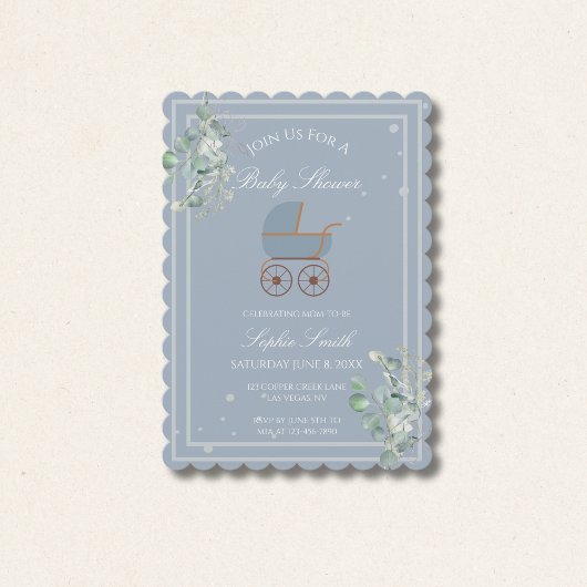 Dusty Blue Baby Carriage Baby Shower Scalloped 招待状