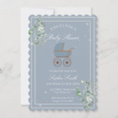 Dusty Blue Baby Carriage Baby Shower Scalloped 招待状 (正面)