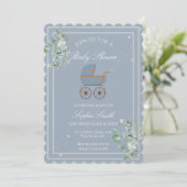 Dusty Blue Baby Carriage Baby Shower Scalloped 招待状 (スタンド正面)