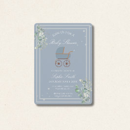 Dusty Blue Baby Carriage Eucalyptus Baby Shower 招待状