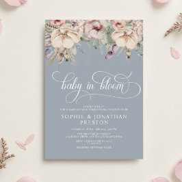 Dusty Blue Baby In Bloom QR Floral Baby Shower 招待状