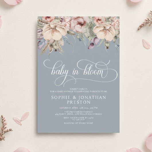 Dusty Blue Baby In Bloom QR Floral Baby Shower 招待状