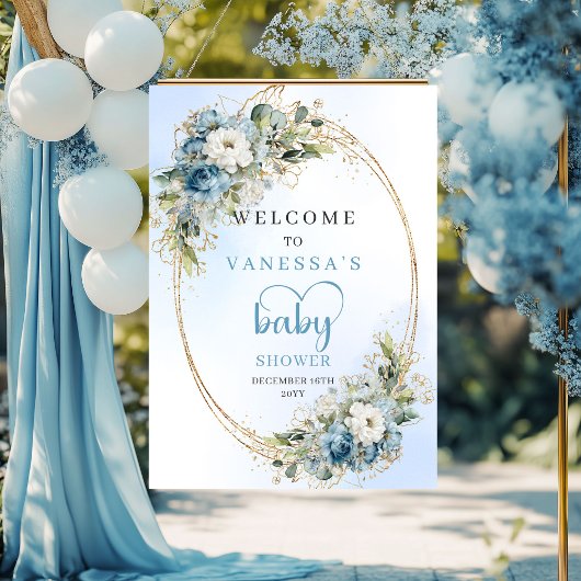 Dusty Blue Baby Shower Poster Eucalyptus Greenery ポスター