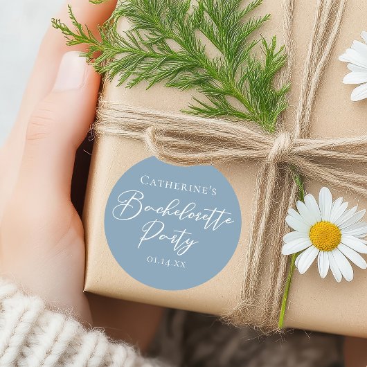 Dusty Blue Bachelorette Party Custom White Script ラウンドシール