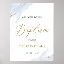 Dusty Blue Baptism Welcome Sign Poster, Gold Cross ポスター