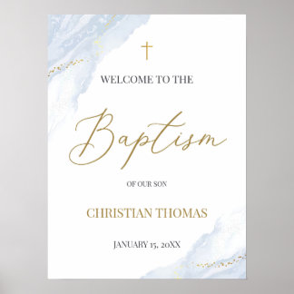 Dusty Blue Baptism Welcome Sign Poster, Gold Cross ポスター