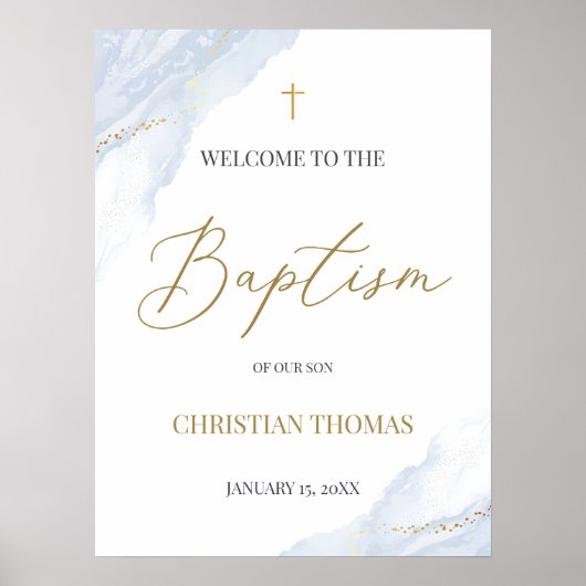Dusty Blue Baptism Welcome Sign Poster, Gold Cross ポスター (正面)
