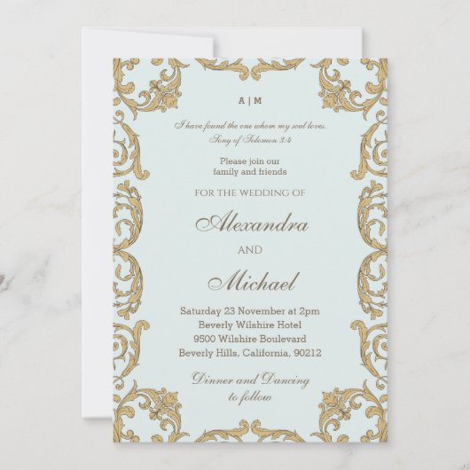 Dusty Blue Baroque Bible Verse Christian Wedding   招待状 (正面)