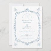 Dusty Blue Baroque Line Art Wedding 招待状 (正面)