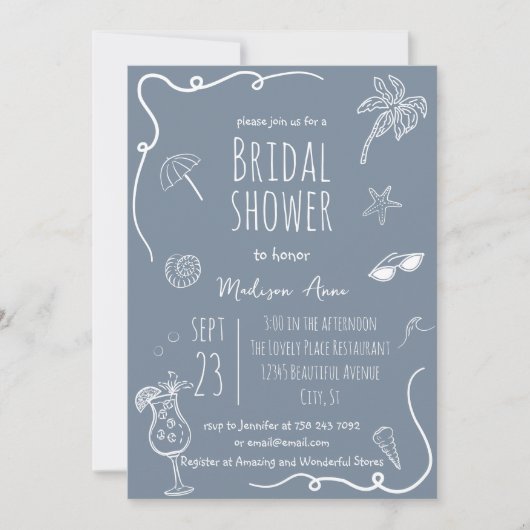 Dusty Blue Beach Doodles Bridal Shower 招待状 (正面)