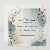 Dusty Blue Beige Boho Chic foliage wreath Wedding セーブザデート (正面)