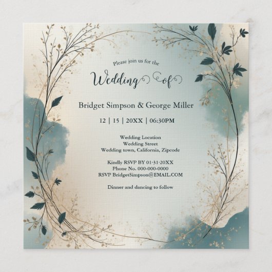 Dusty Blue Beige Boho Chic foliage wreath Wedding 招待状 (正面)