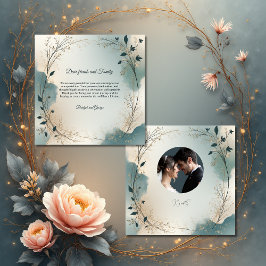 Dusty Blue Beige Boho foliage wreath Wedding photo サンキューカード