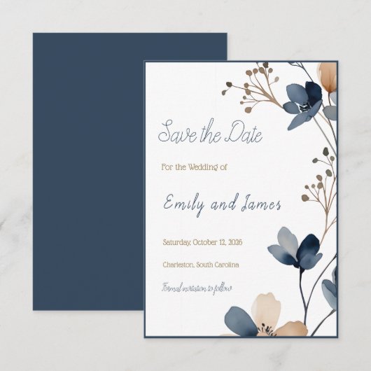 Dusty Blue Beige Botanical Modern Elegant Wedding セーブザデート (正面/裏面)