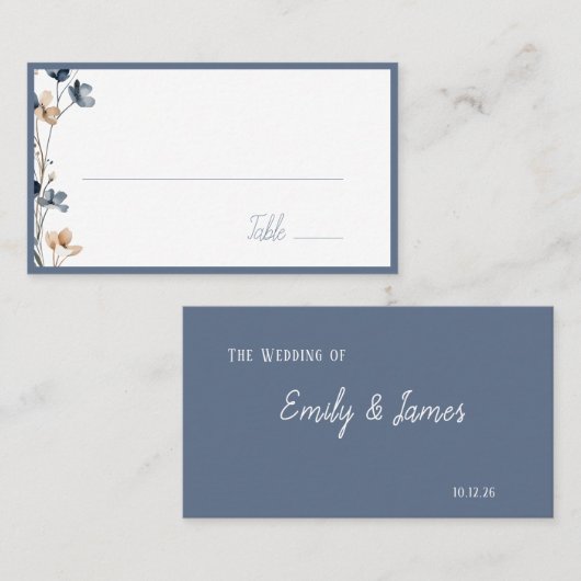 Dusty Blue Beige Botanical Modern Elegant Wedding プレイスカード (正面/裏面)