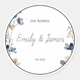 Dusty Blue Beige Botanical Modern Elegant Wedding ラウンドシール