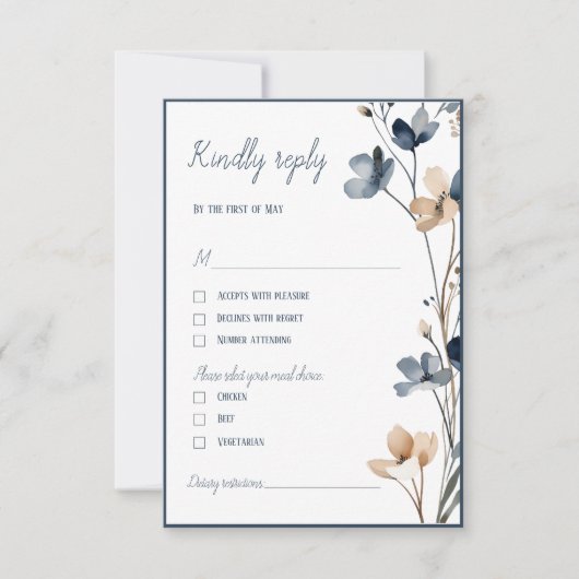 Dusty Blue Beige Botanical Modern Elegant Wedding 出欠カード (正面)