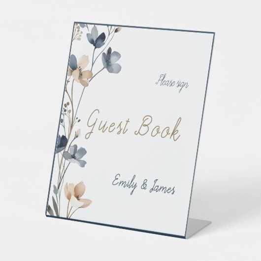 Dusty Blue Beige Botanical Modern Elegant Wedding 台座サイン (正面)