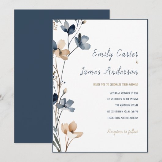 Dusty Blue Beige Botanical Modern Elegant Wedding 招待状 (正面/裏面)