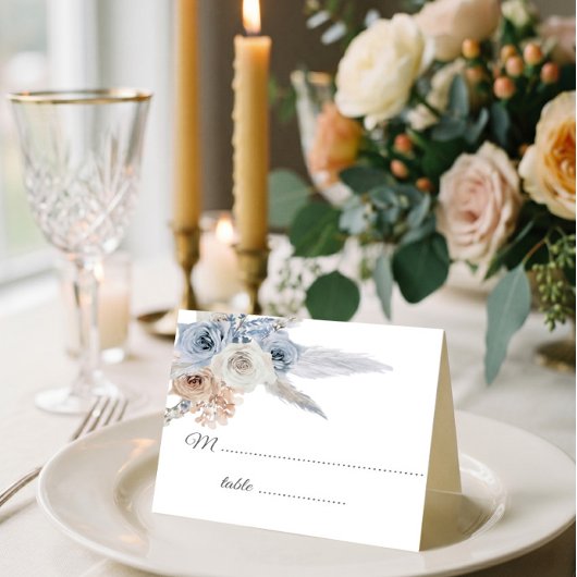Dusty Blue Beige Floral Gold Geometric Place Card