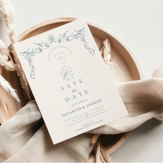 Dusty Blue Bird Baroque Wedding セーブザデート