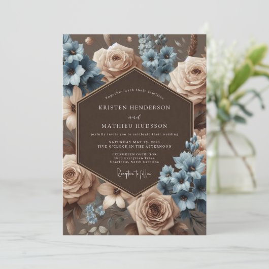 Dusty Blue Bloom Elegance Wedding 招待状 (スタンド正面)