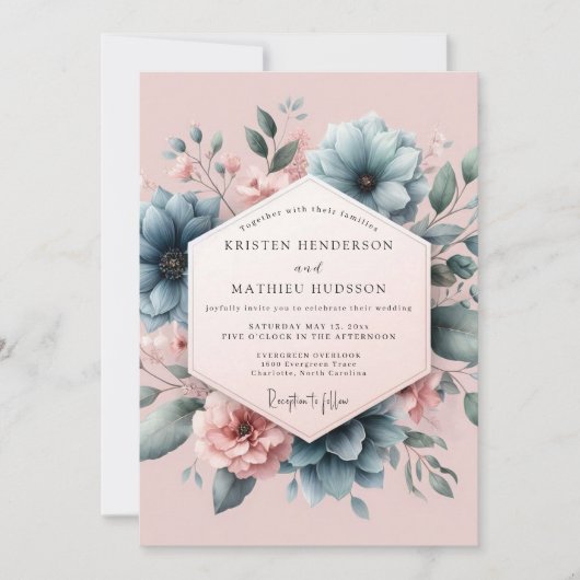 Dusty Blue Blush Blossom Wedding 招待状 (正面)