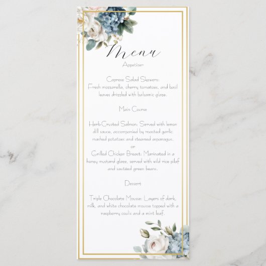 Dusty Blue & Blush Floral Wedding Menu Card  メニュー (正面)