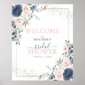 Dusty Blue Blush Pink Floral Shower Welcome ポスター (正面)