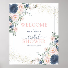 Dusty Blue Blush Pink Floral Shower Welcome ポスター