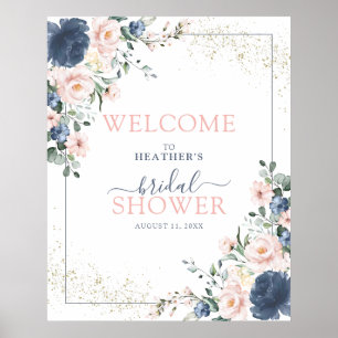 Dusty Blue Blush Pink Floral Shower Welcome ポスター